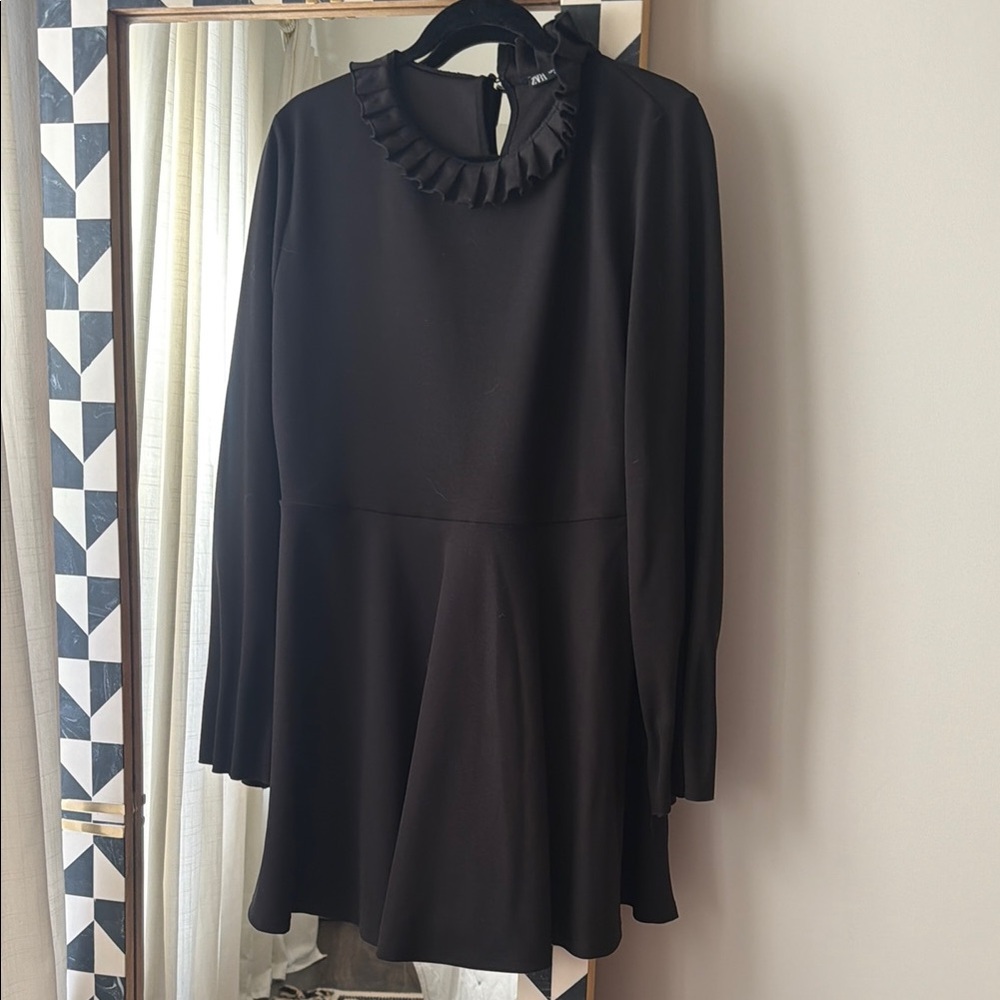 Black Long-Sleeve Ruffle Neck Dress